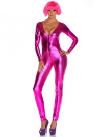Erotický overal, catsuit s kulatým výstřihem Metallic - Růžová